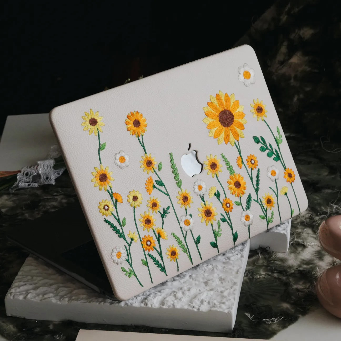 This Is Us Design Leather Embroidery ♾ Cream White Sunflower Garden Mac Case