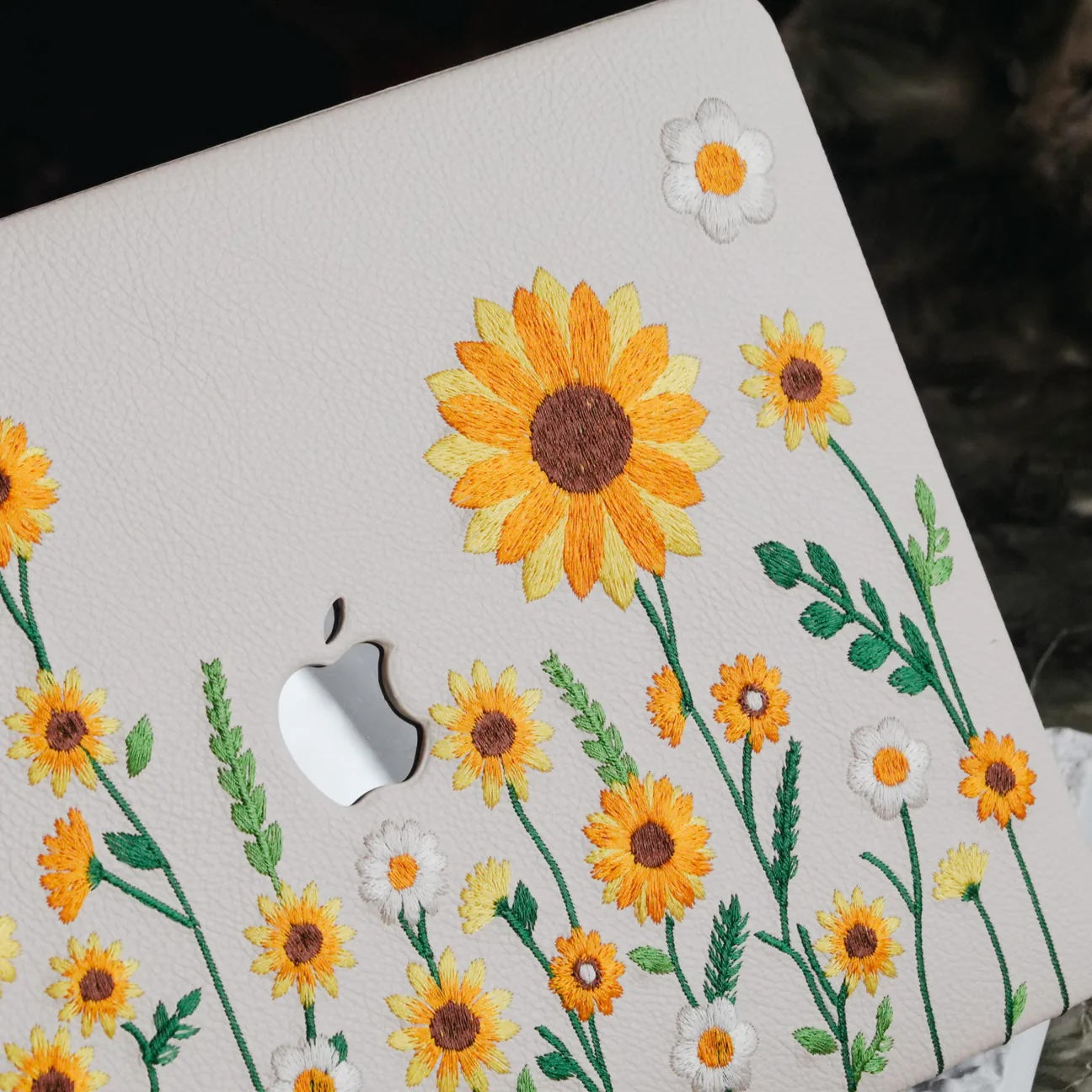 This Is Us Design Leather Embroidery ♾ Cream White Sunflower Garden Mac Case
