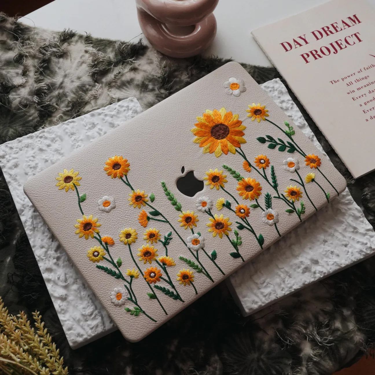 This Is Us Design Leather Embroidery ♾ Cream White Sunflower Garden Mac Case