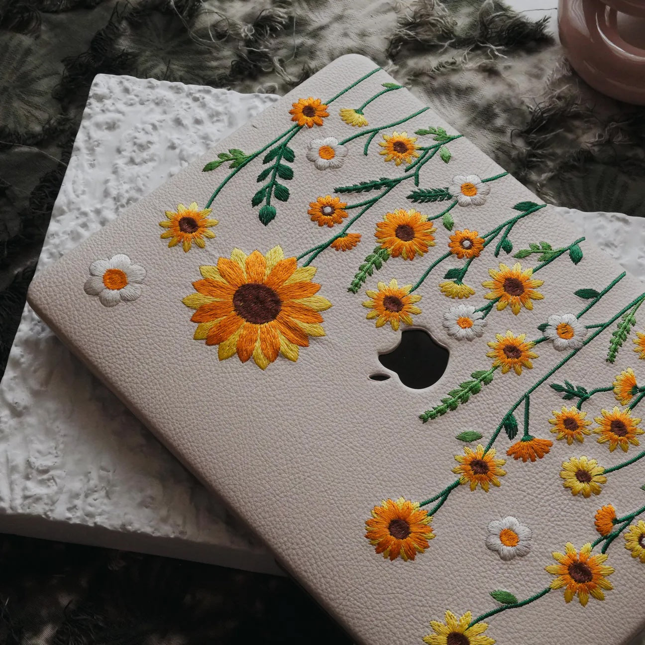 This Is Us Design Leather Embroidery ♾ Cream White Sunflower Garden Mac Case