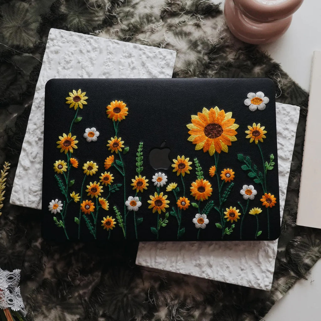 This Is Us Design Leather Embroidery ♾ Black Sunflower Garden Mac Case