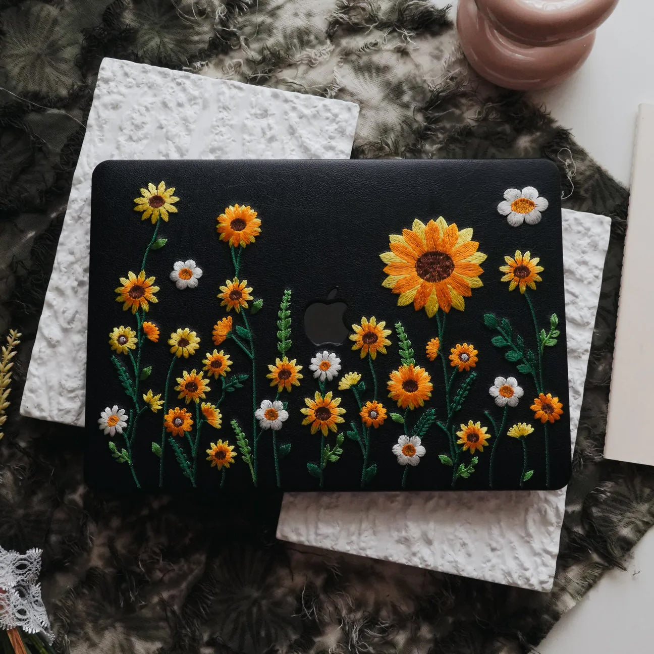 This Is Us Design Leather Embroidery ♾ Black Sunflower Garden Mac Case