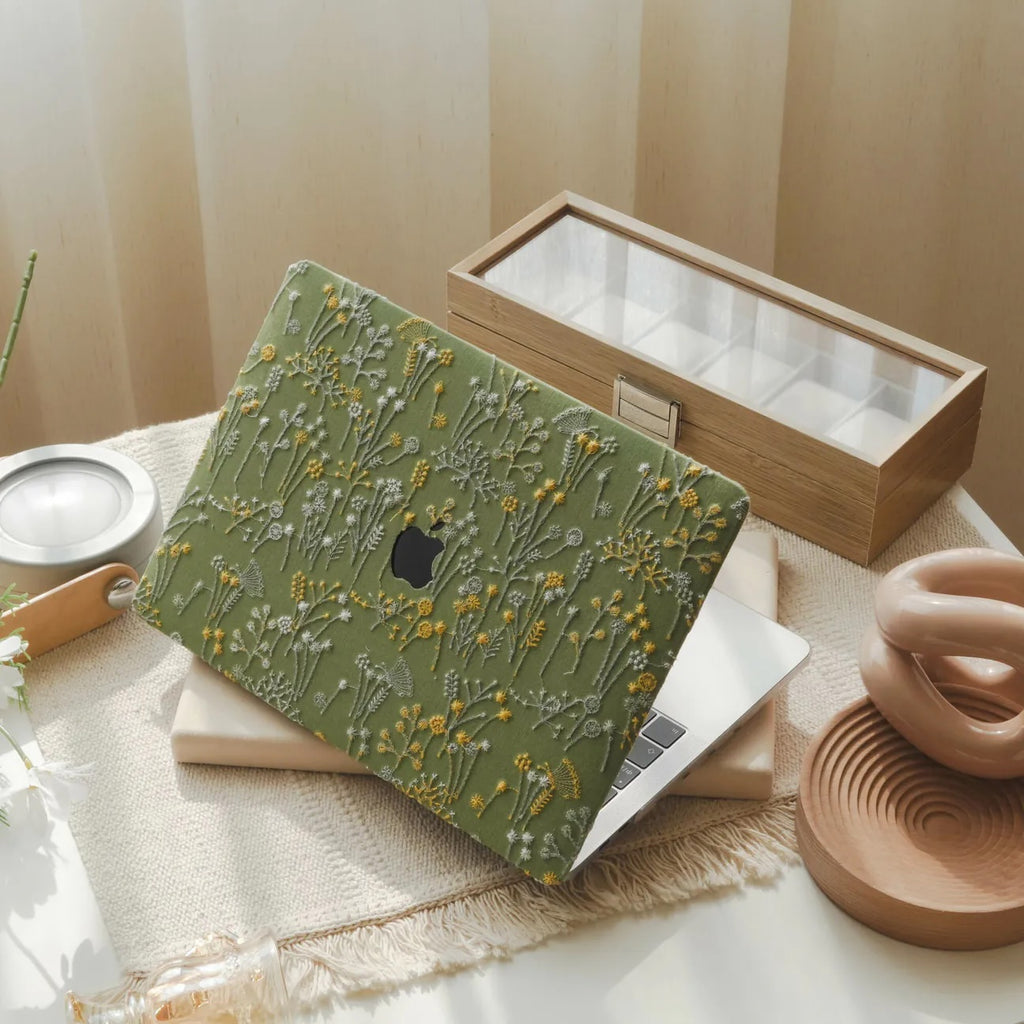 Grass Green Bandelion Embroidered Leather Macbook Case