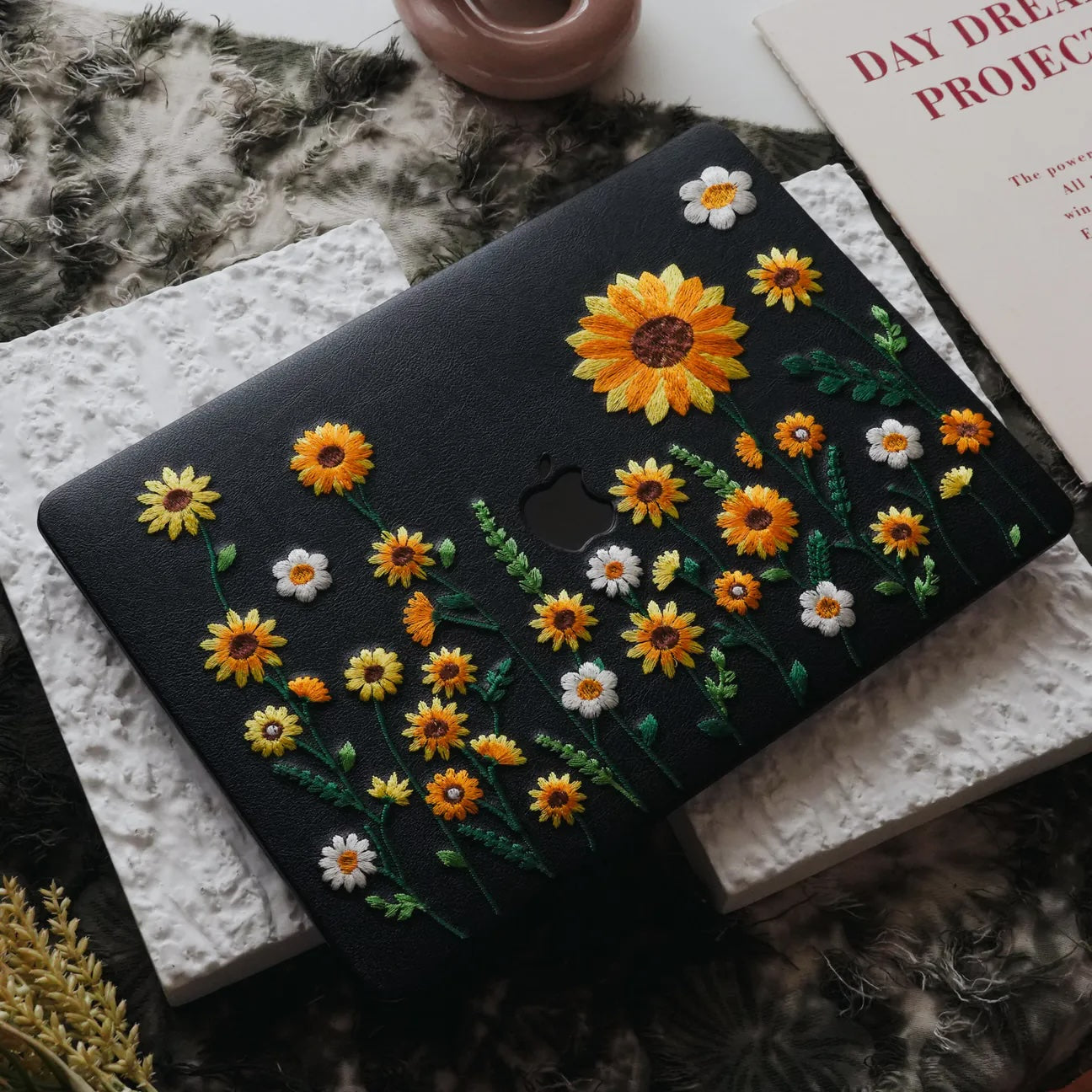This Is Us Design Leather Embroidery ♾ Black Sunflower Garden Mac Case