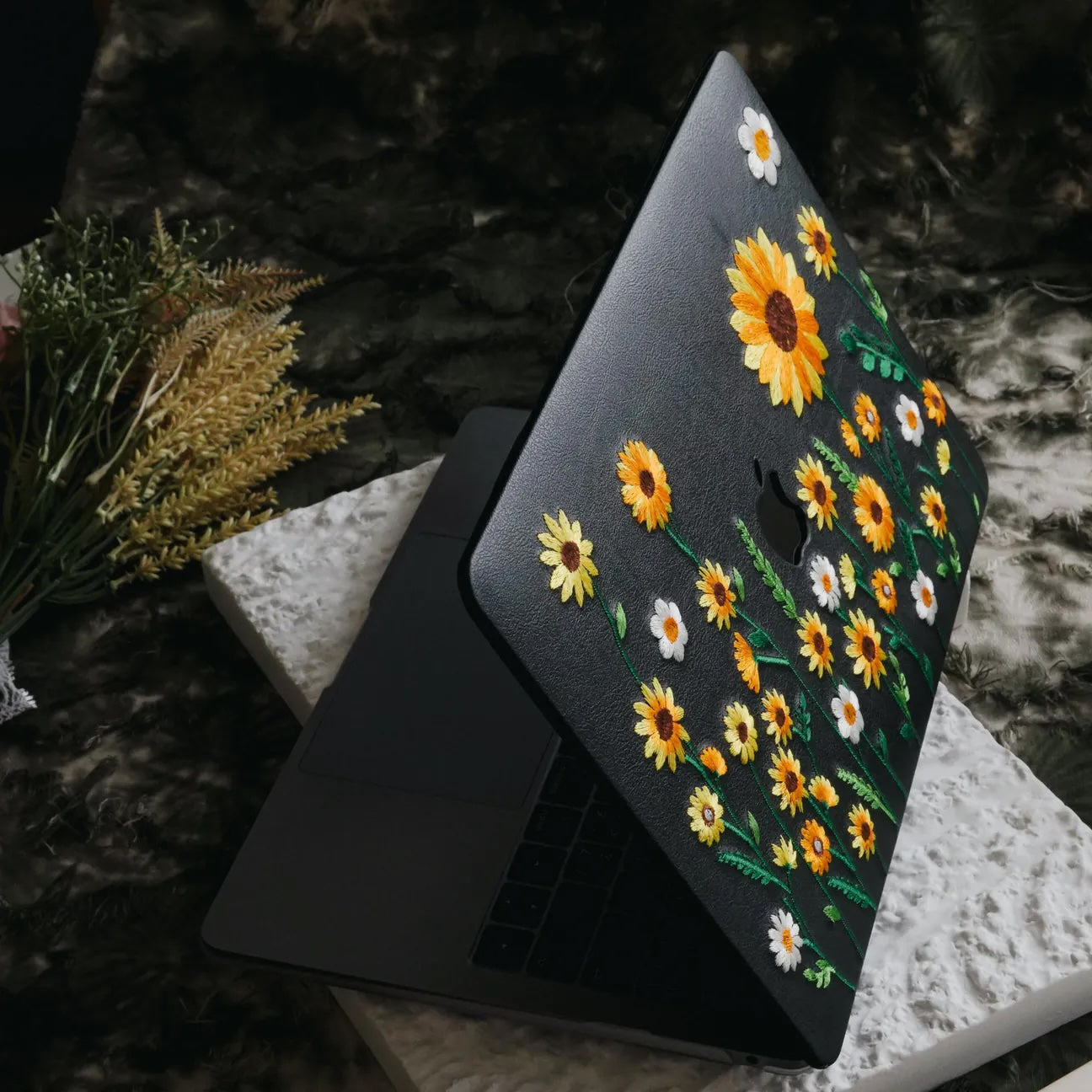 This Is Us Design Leather Embroidery ♾ Black Sunflower Garden Mac Case