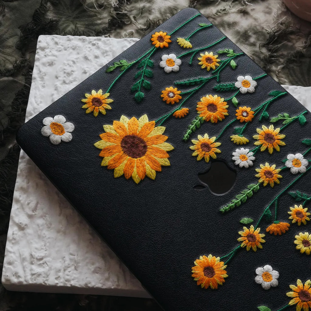 This Is Us Design Leather Embroidery ♾ Black Sunflower Garden Mac Case