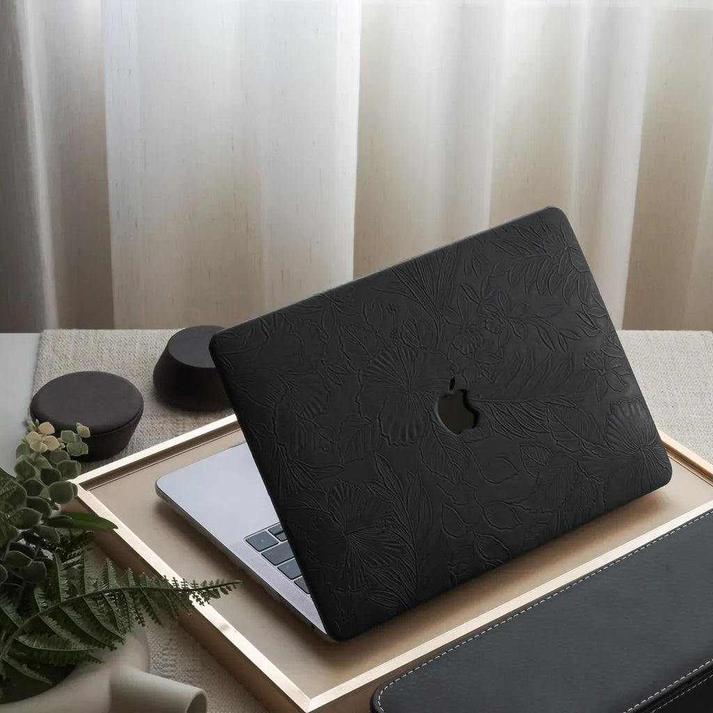 Black Embossed Floral Leather Macbook Case