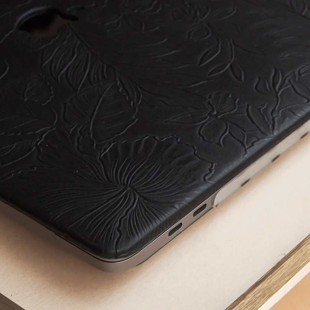 Black Embossed Floral Leather Macbook Case