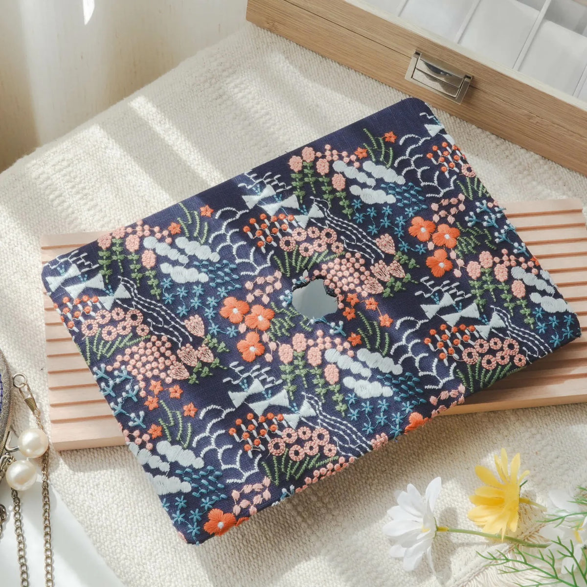 Black Bloom Embroidered Leather Macbook Case
