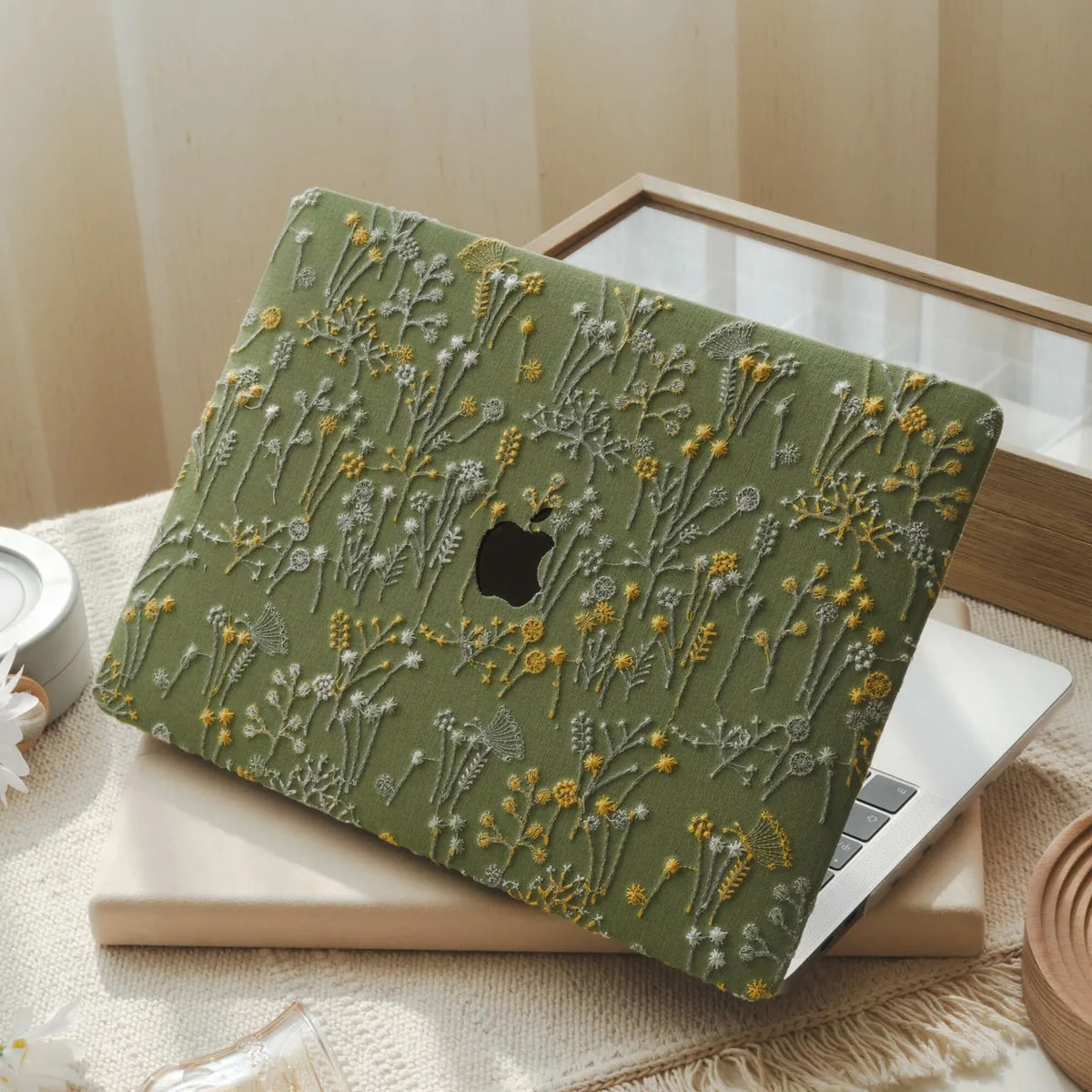 Grass Green Bandelion Embroidered Leather Macbook Case