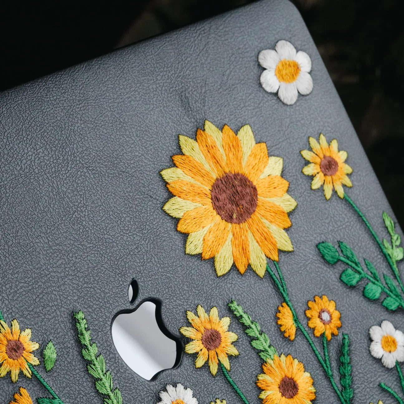 This Is Us Design Leather Embroidery ♾ Black Sunflower Garden Mac Case