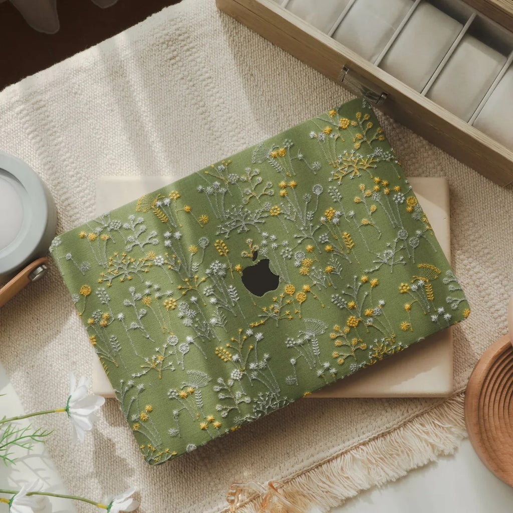 Grass Green Bandelion Embroidered Leather Macbook Case
