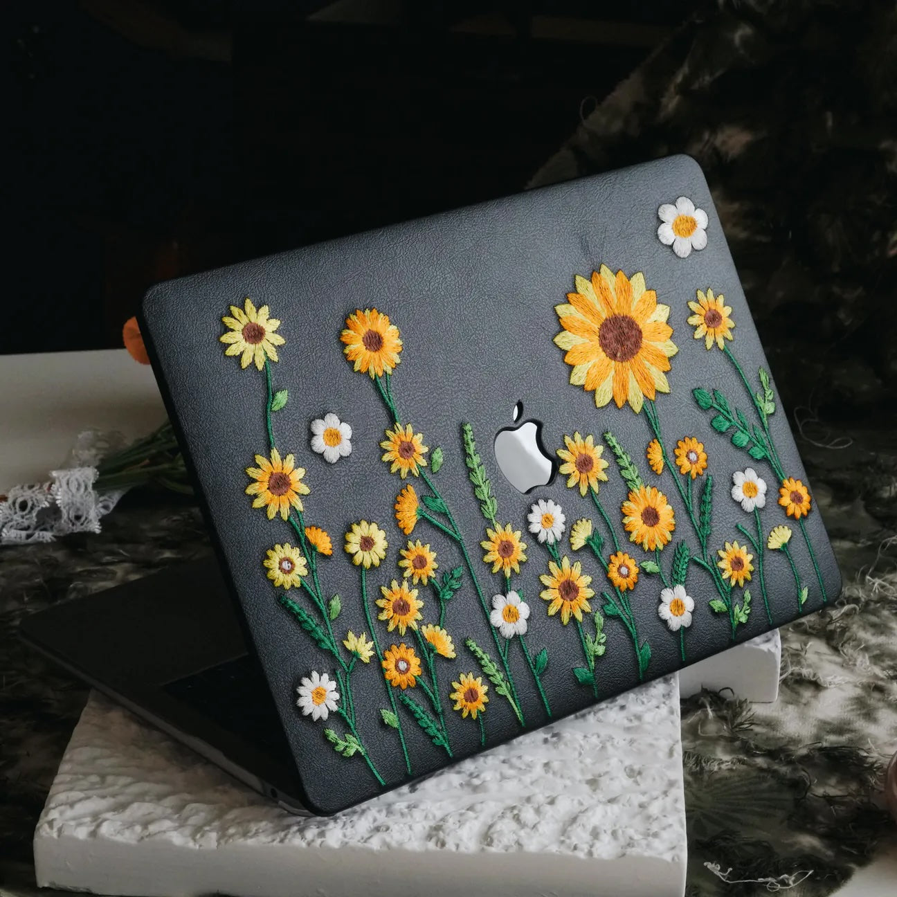 This Is Us Design Leather Embroidery ♾ Black Sunflower Garden Mac Case