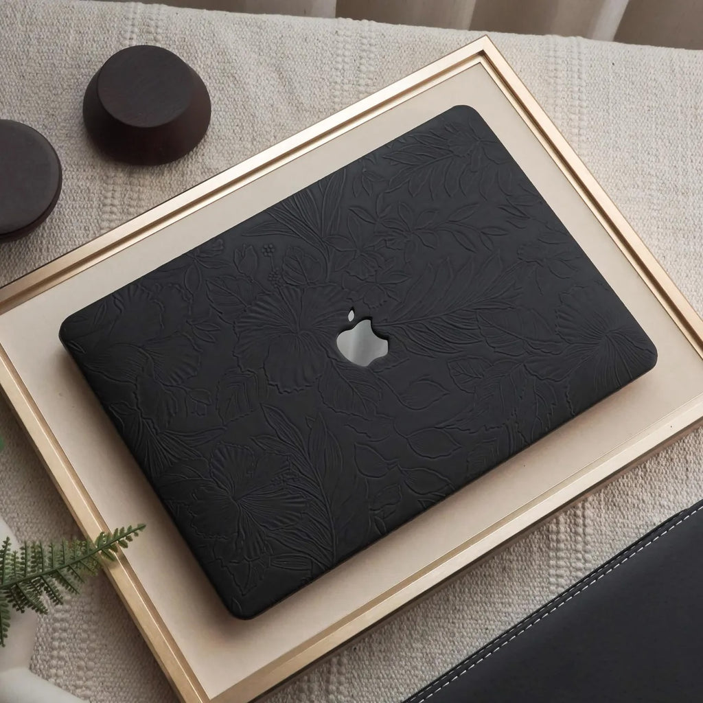 Black Embossed Floral Leather Macbook Case