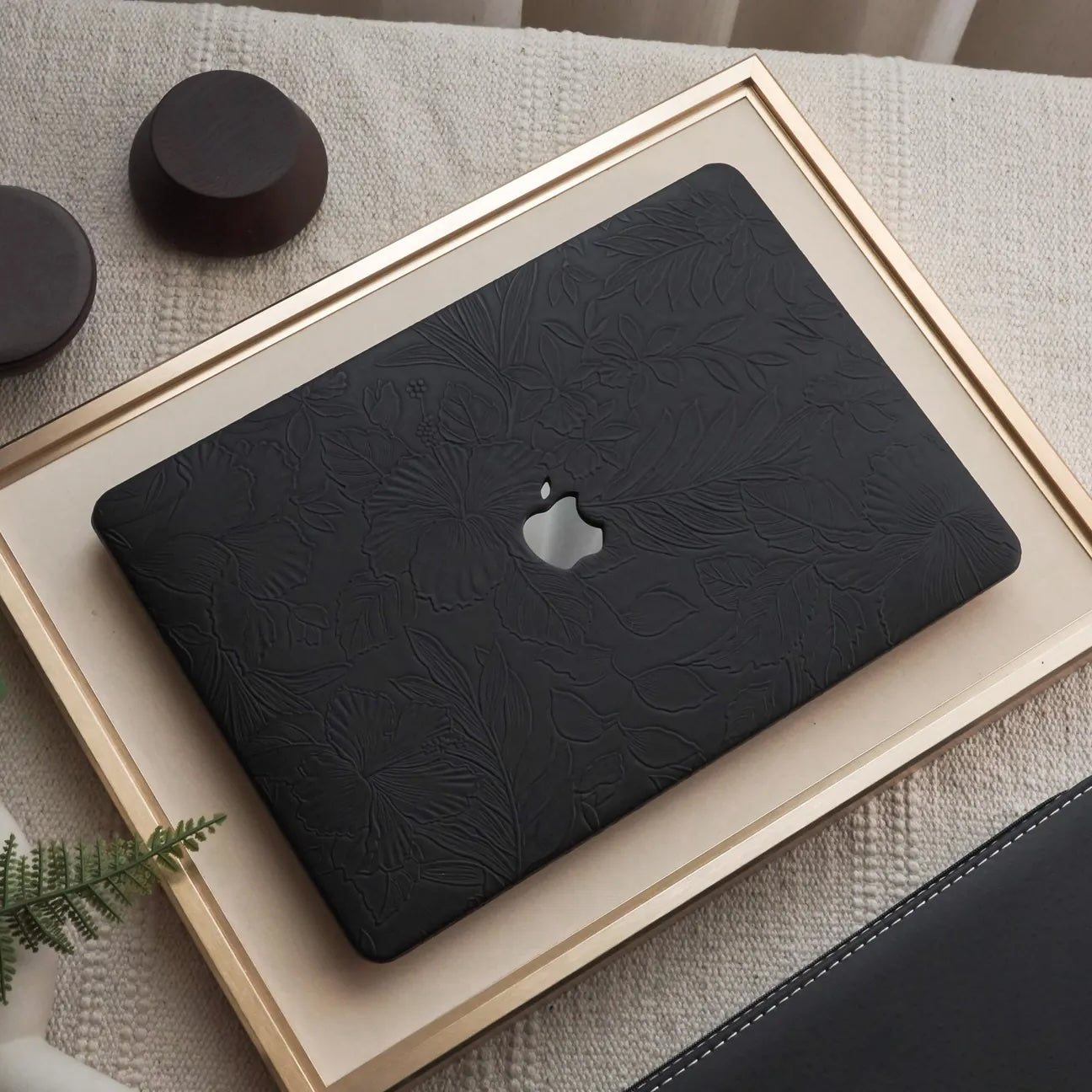 Black Embossed Floral Leather Macbook Case