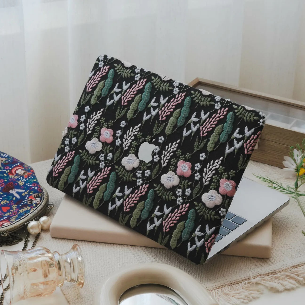 Black Sage Embroidered Leather Macbook Case