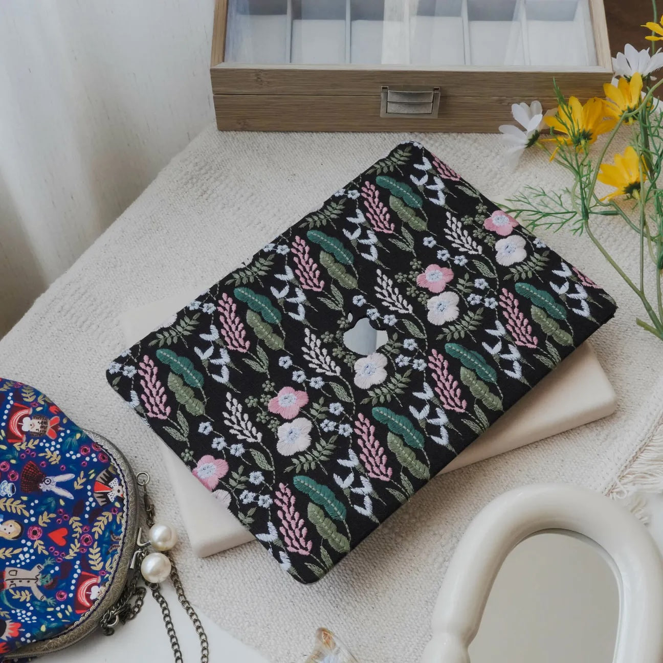 Black Sage Embroidered Leather Macbook Case