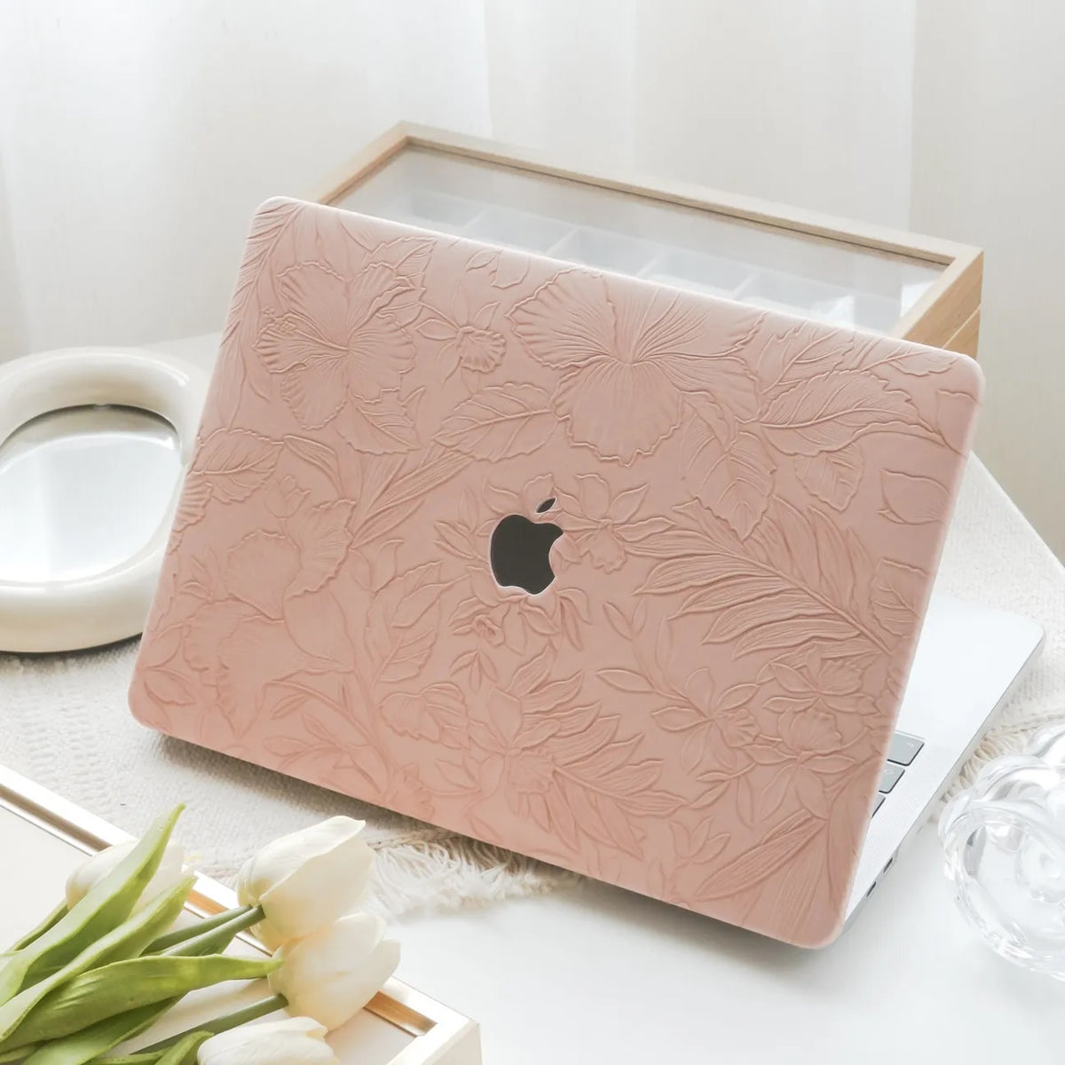 Pink Embossed Floral Leather Macbook Case