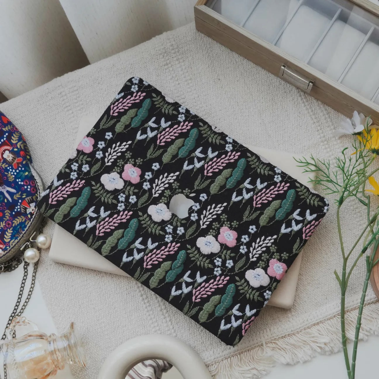 Black Sage Embroidered Leather Macbook Case