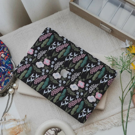Black Sage Embroidered Leather Macbook Case