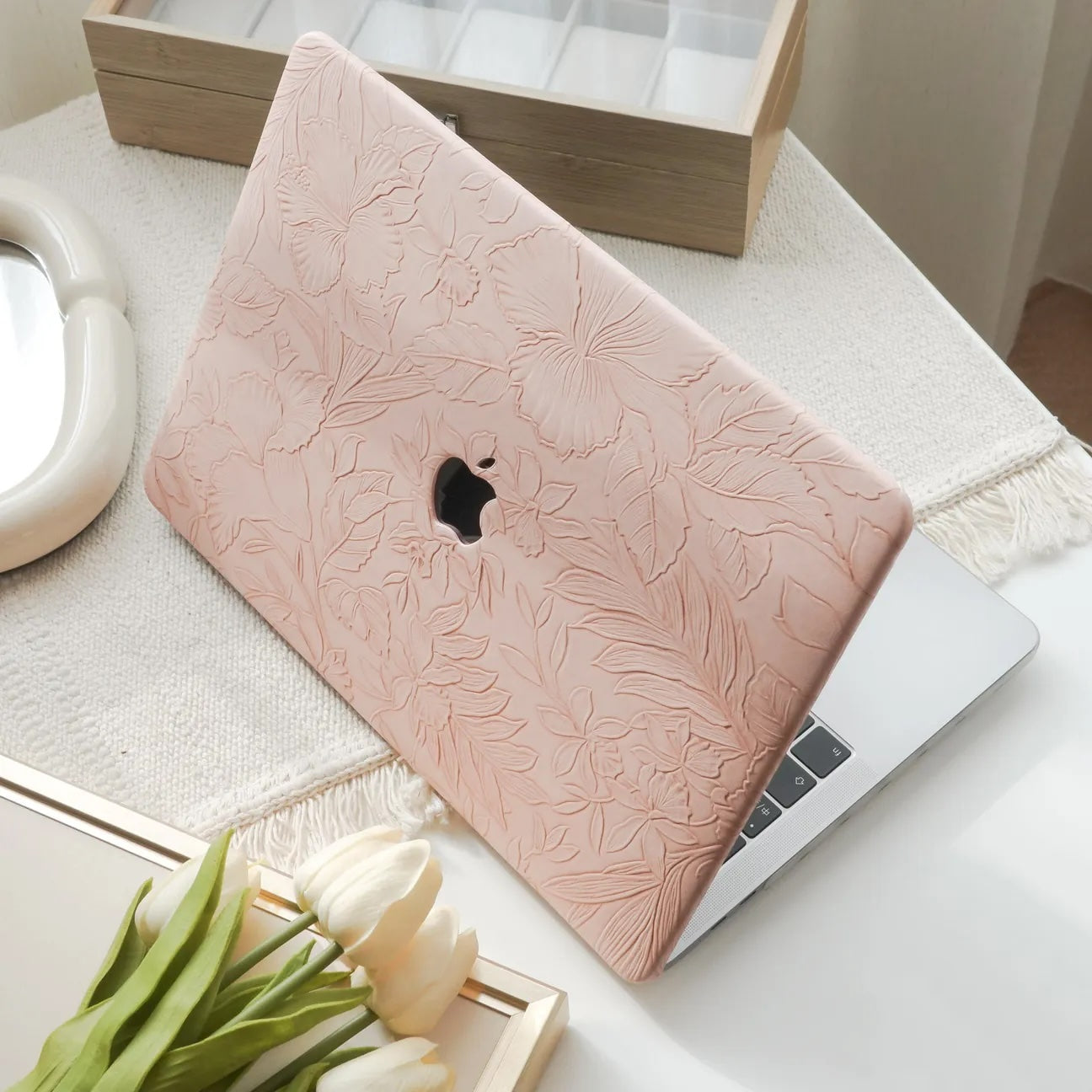 Pink Embossed Floral Leather Macbook Case