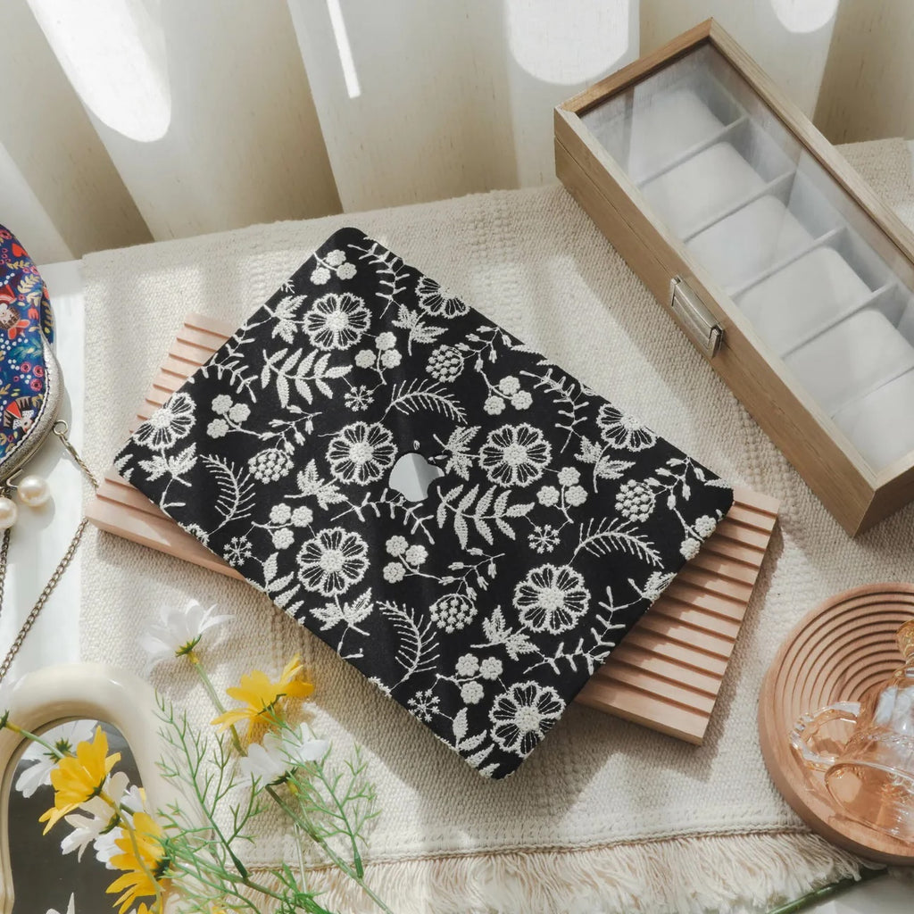 Black Daisy Embroidered Leather Macbook Case