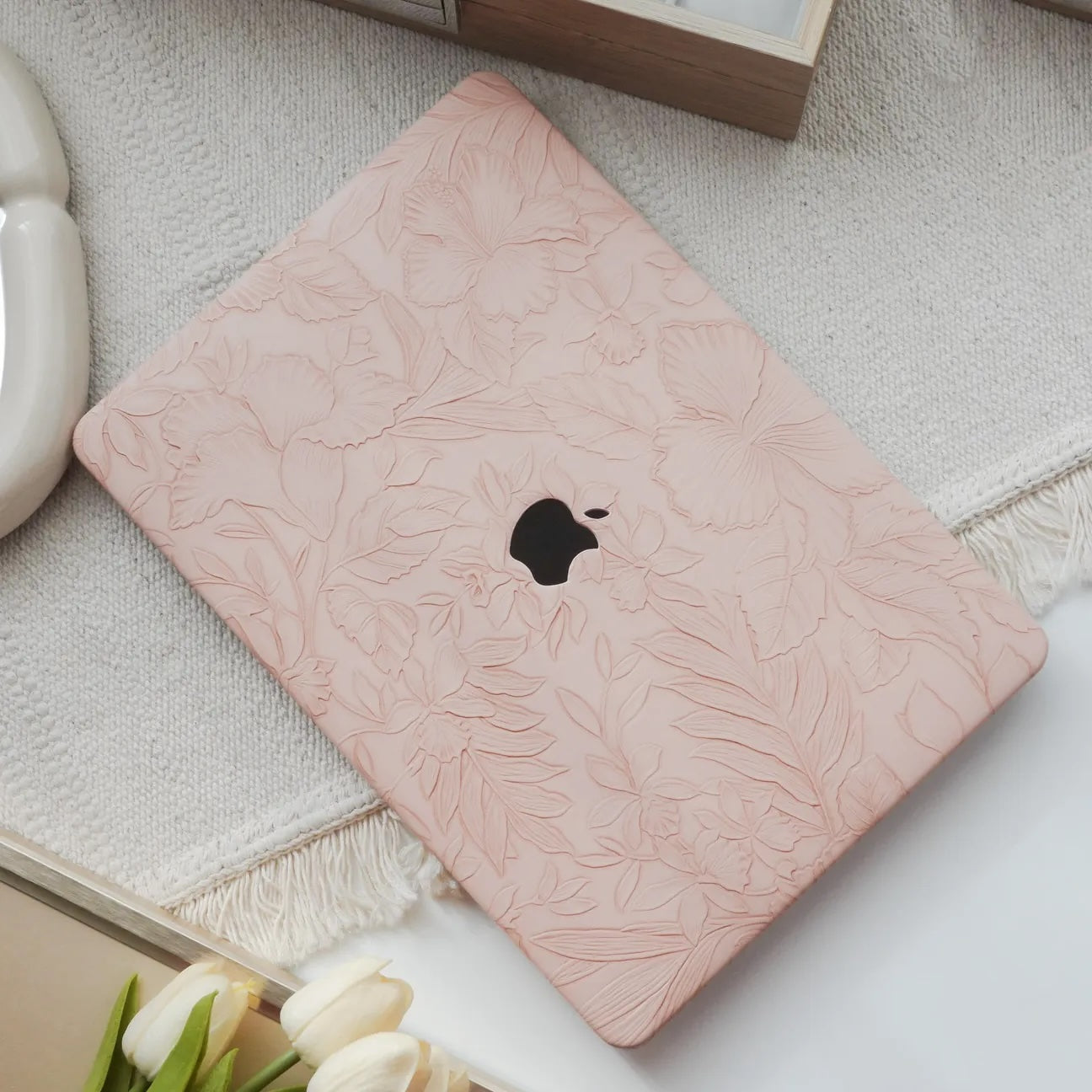 Pink Embossed Floral Leather Macbook Case