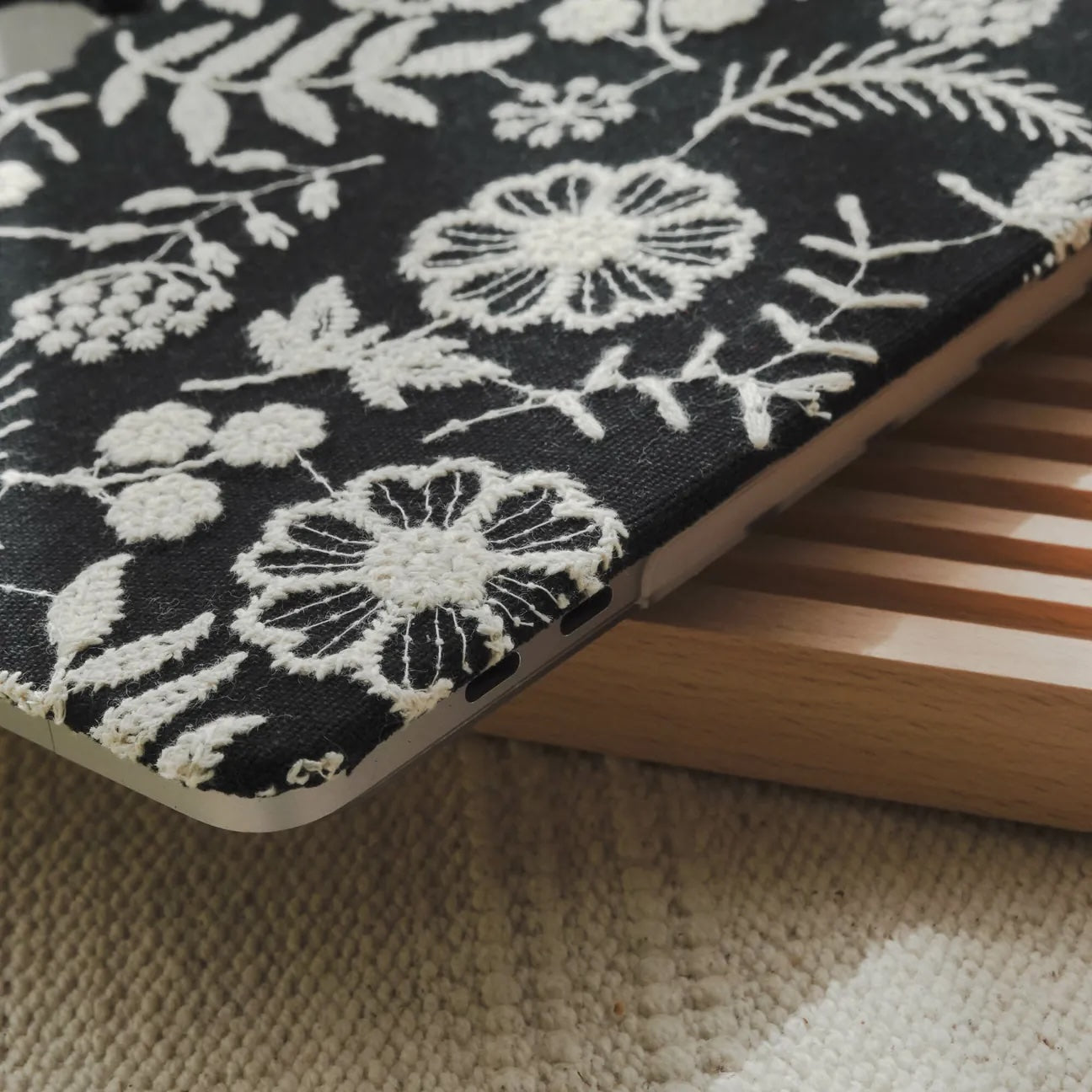 Black Daisy Embroidered Leather Macbook Case