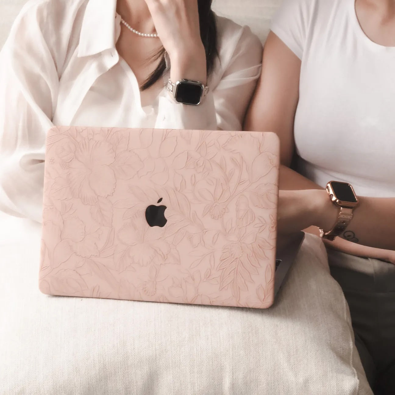 Pink Embossed Floral Leather Macbook Case