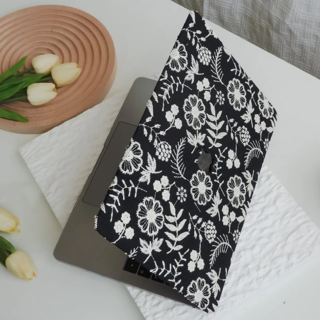 Black Daisy Embroidered Leather Macbook Case