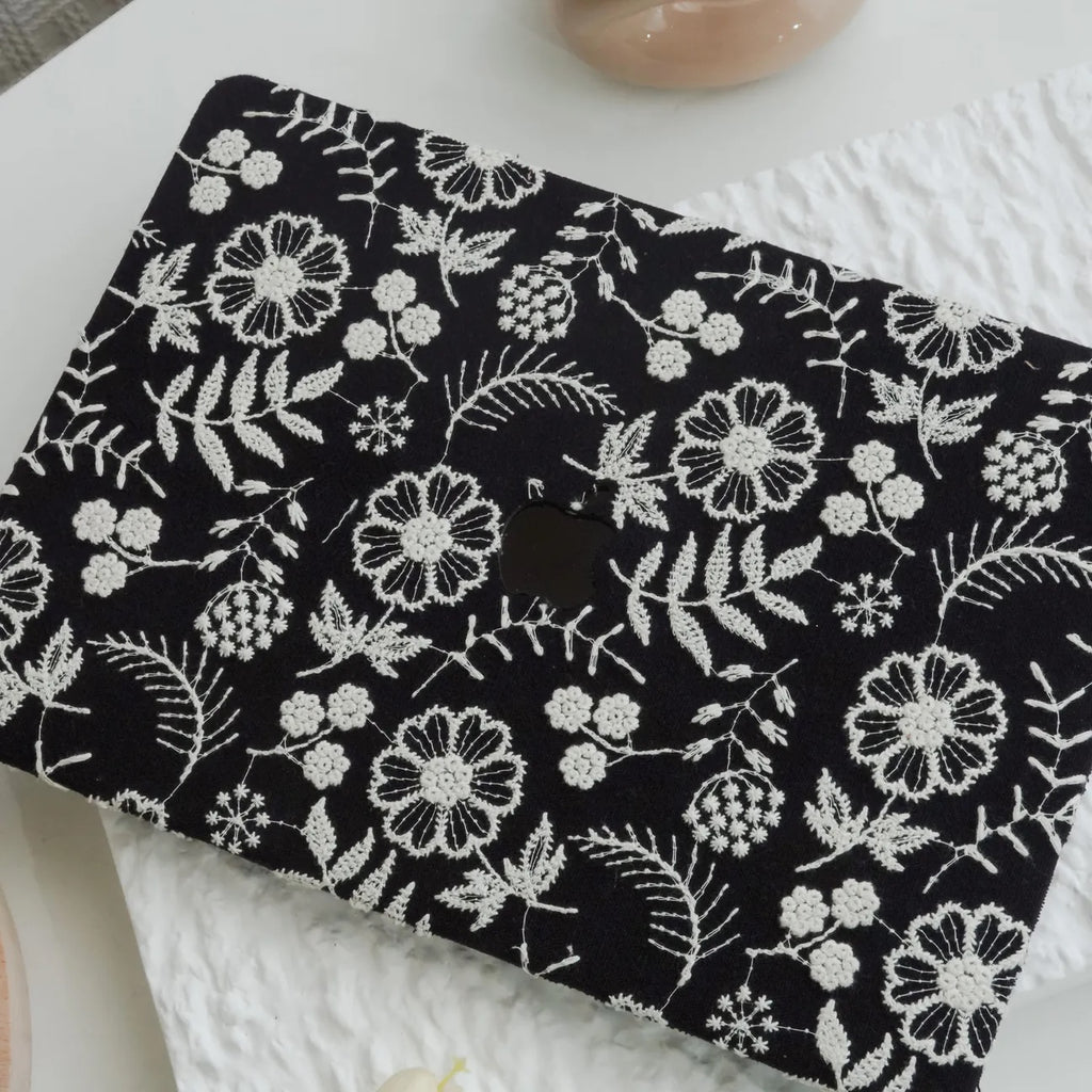 Black Daisy Embroidered Leather Macbook Case