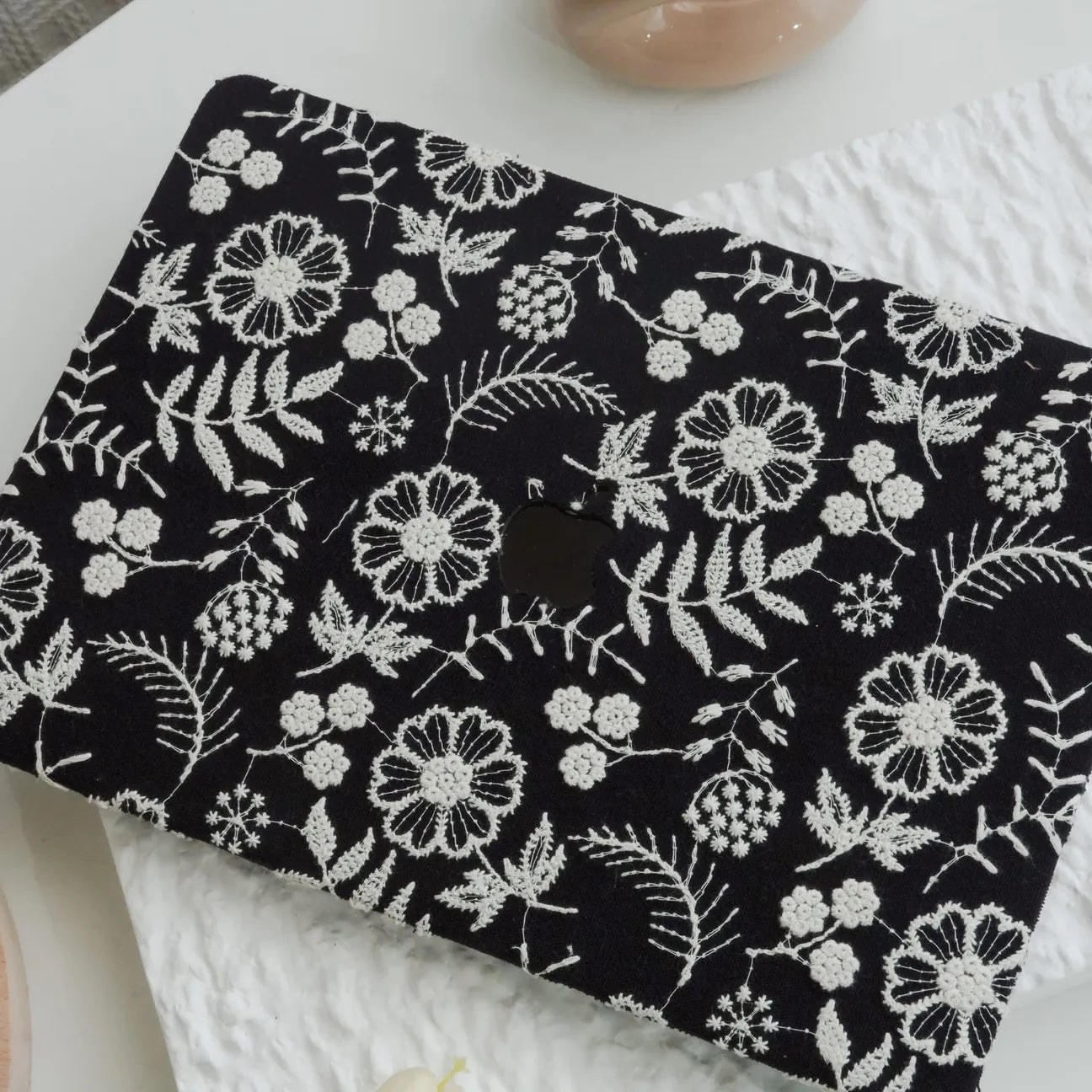Black Daisy Embroidered Leather Macbook Case