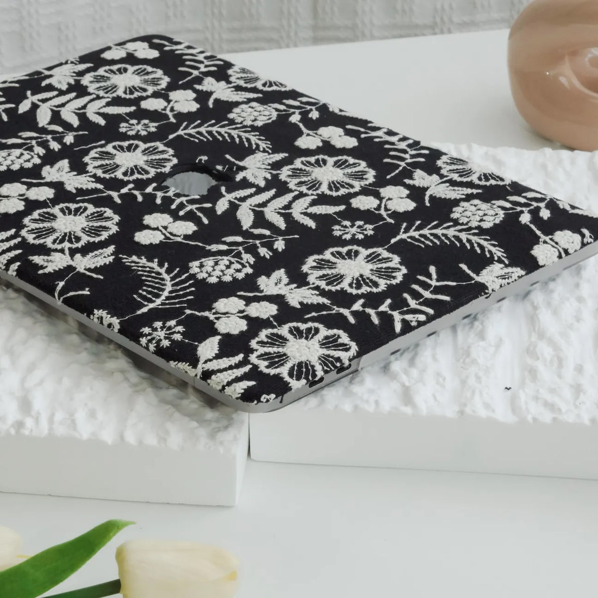 Black Daisy Embroidered Leather Macbook Case