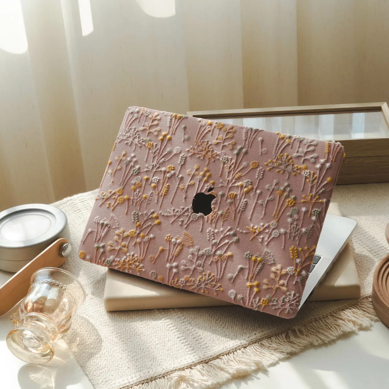 Pink Bandelion Embroidered Leather Macbook Case