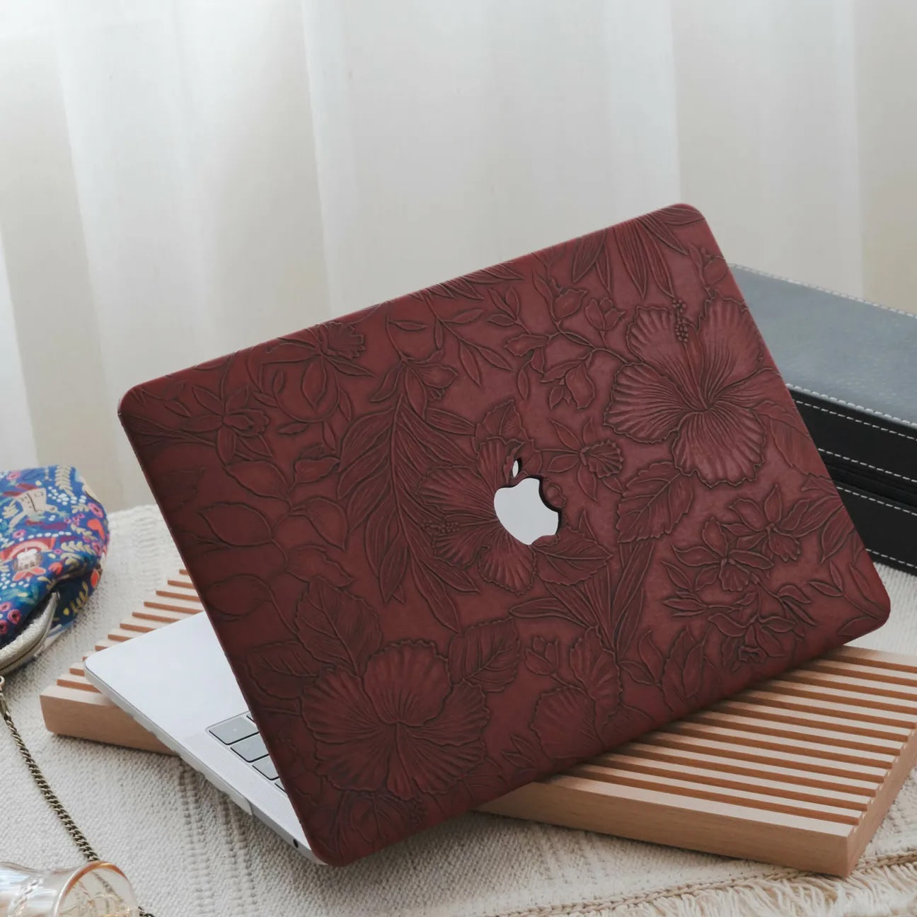 Dark Red Embossed Floral Leather Macbook Case