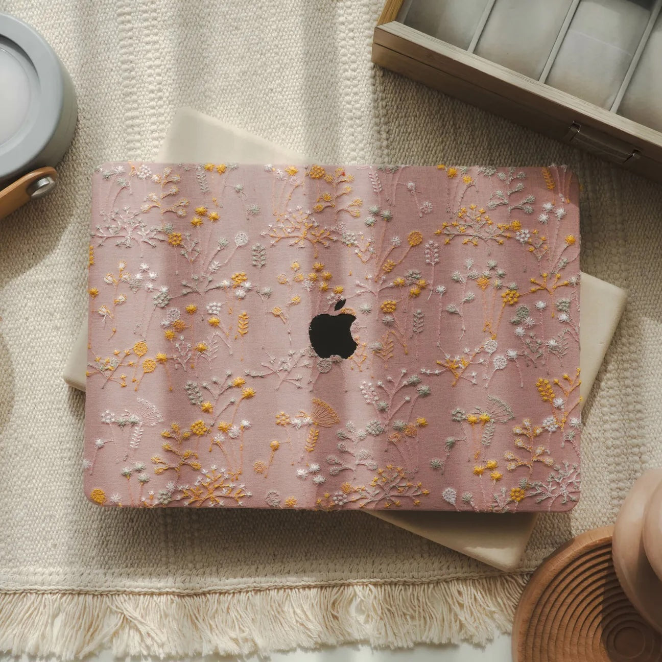 Pink Bandelion Embroidered Leather Macbook Case