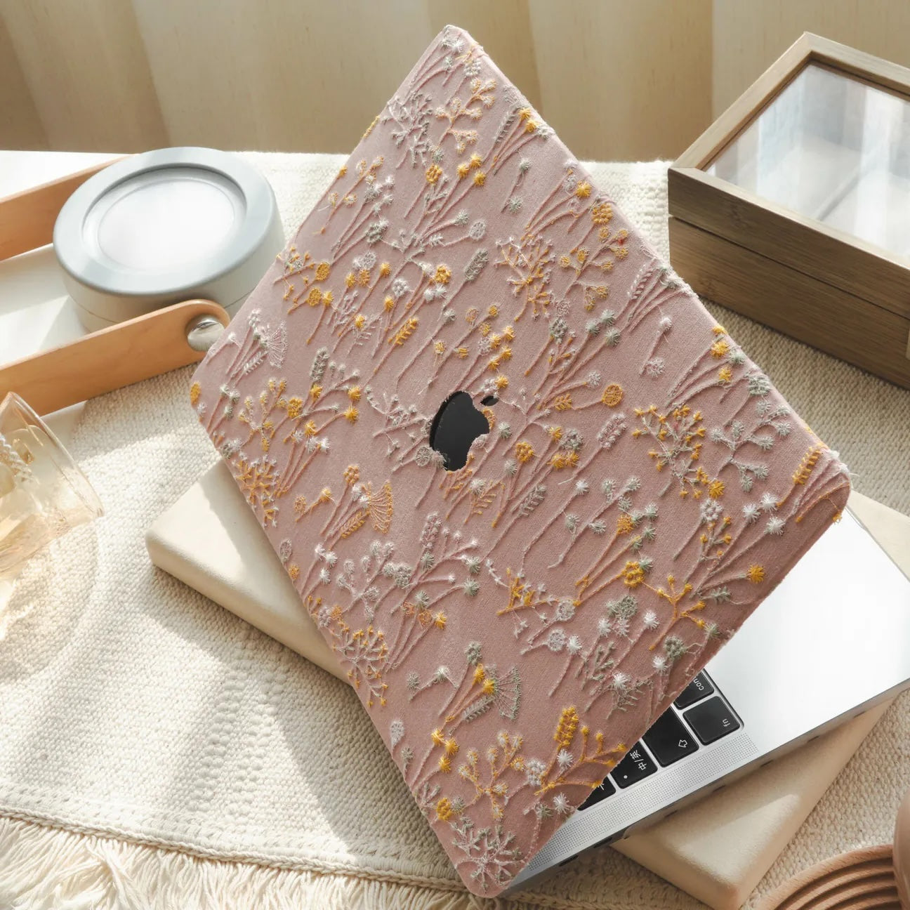 Pink Bandelion Embroidered Leather Macbook Case