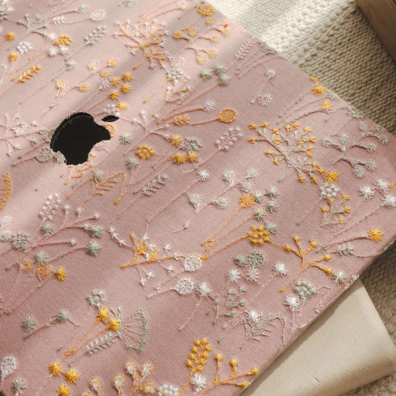Pink Bandelion Embroidered Leather Macbook Case