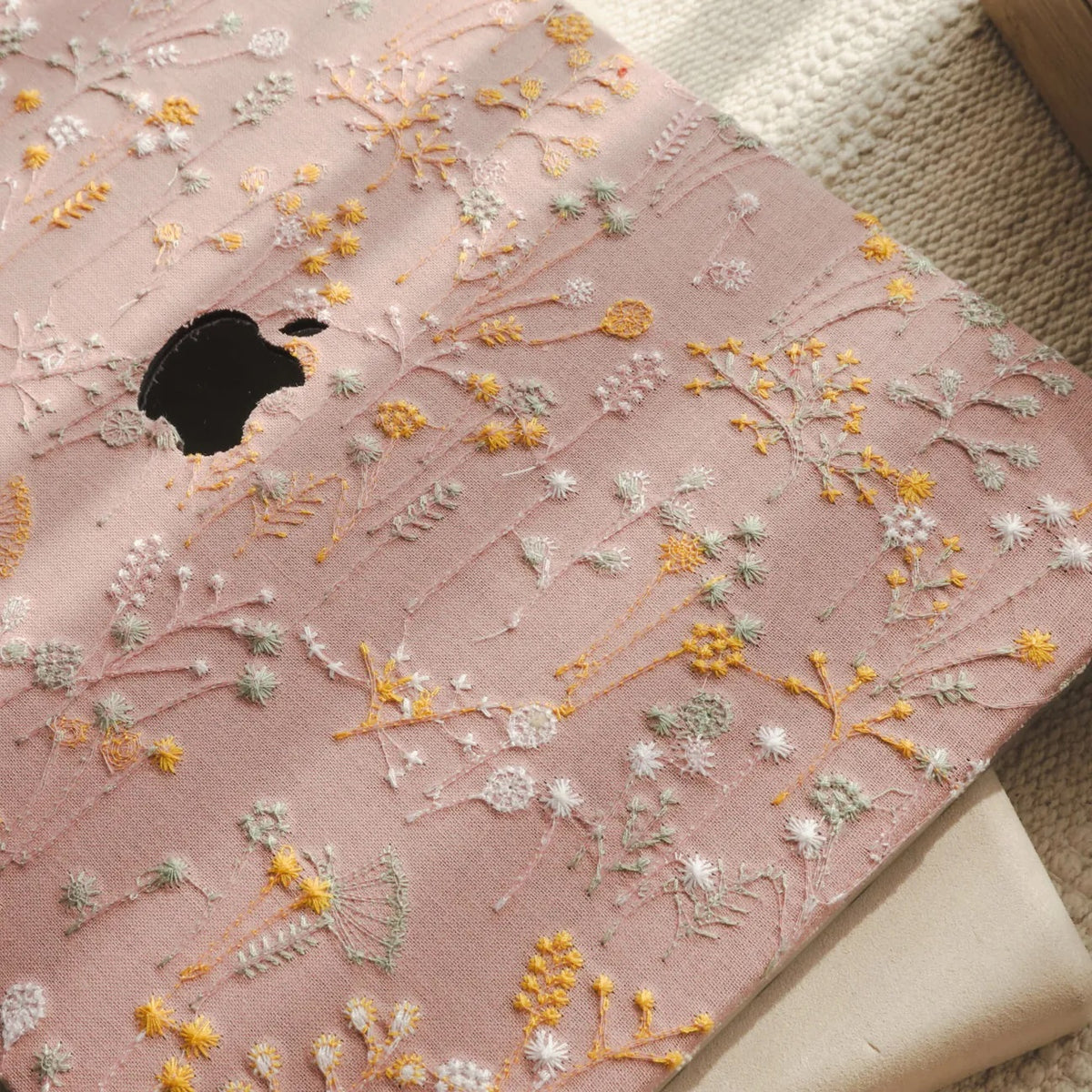 Pink Bandelion Embroidered Leather Macbook Case