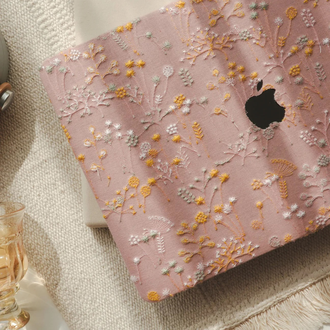 Pink Bandelion Embroidered Leather Macbook Case