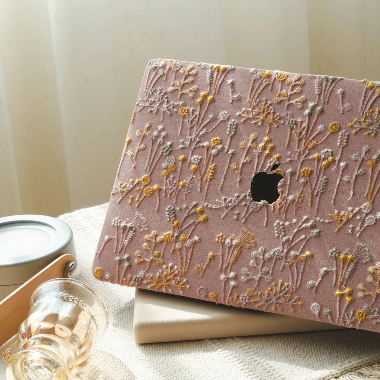 Pink Bandelion Embroidered Leather Macbook Case