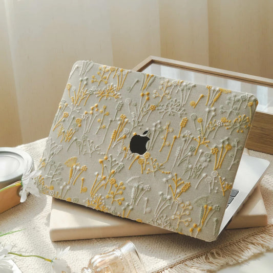 White Bandelion Embroidered Leather Macbook Case