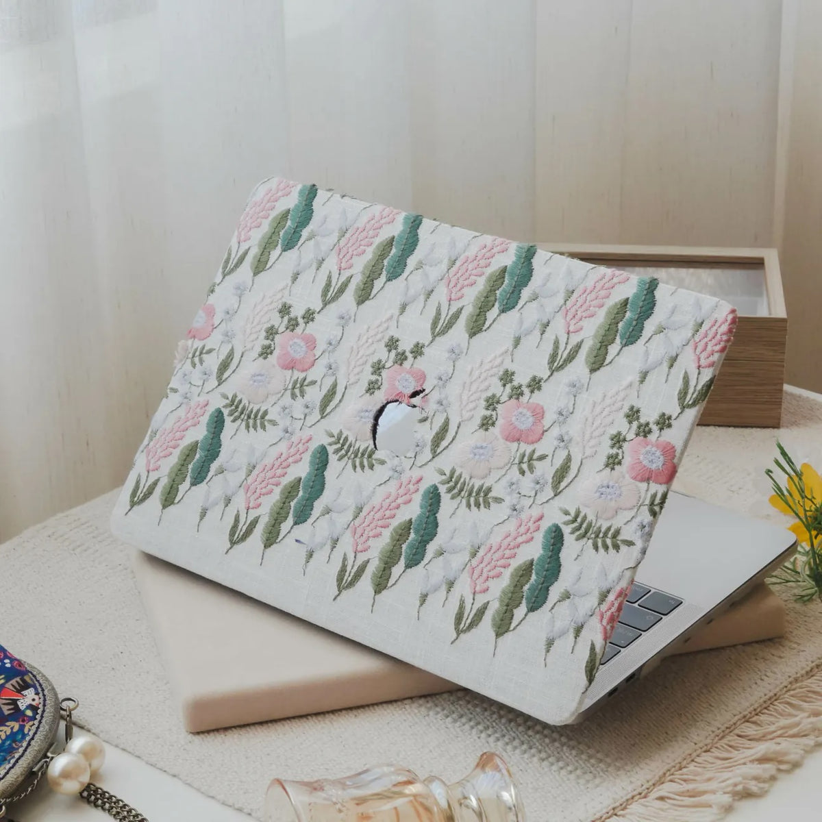 White Sage Embroidered Leather Macbook Case