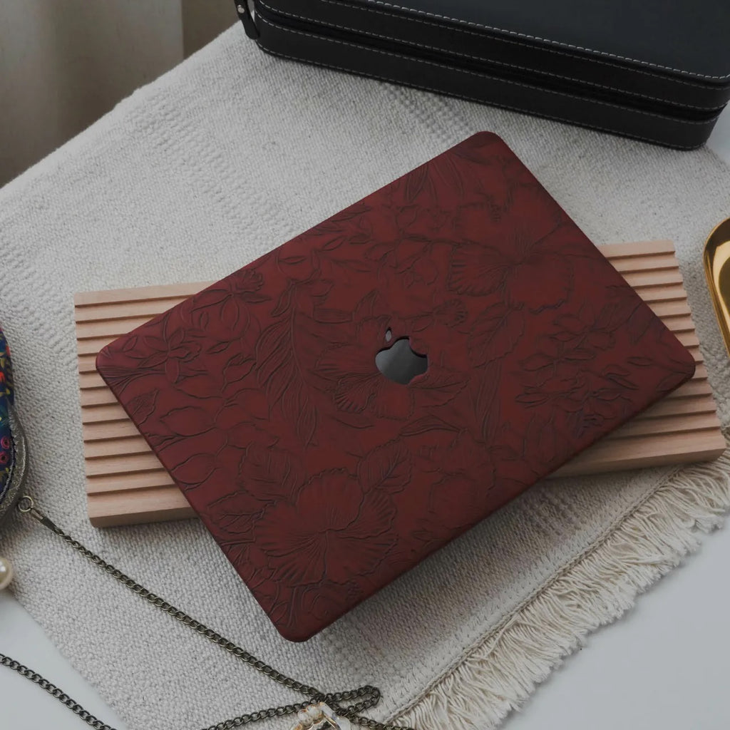 Dark Red Embossed Floral Leather Macbook Case