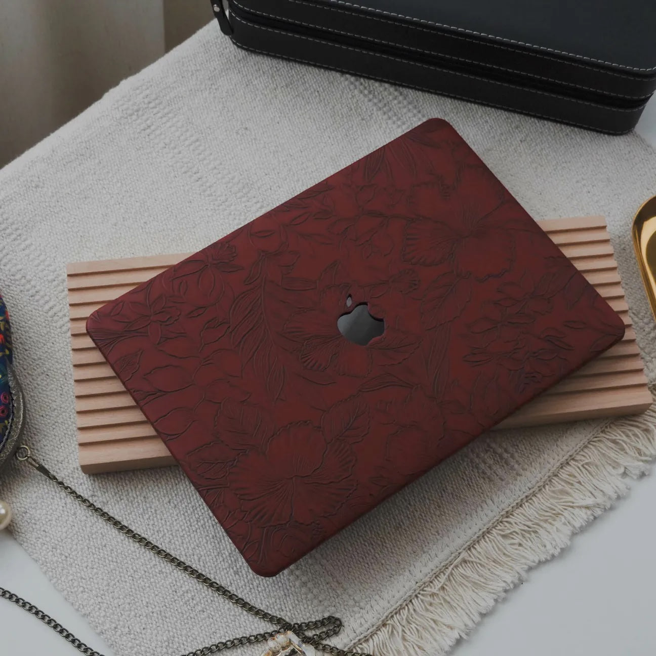 Dark Red Embossed Floral Leather Macbook Case