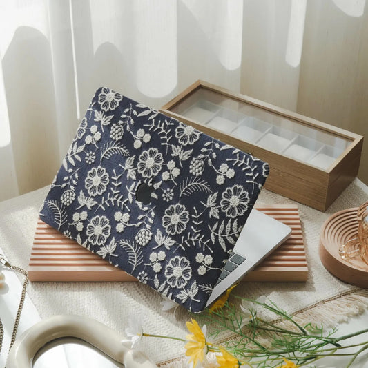 Oriental Blue Daisy Embroidered Leather Mac Case