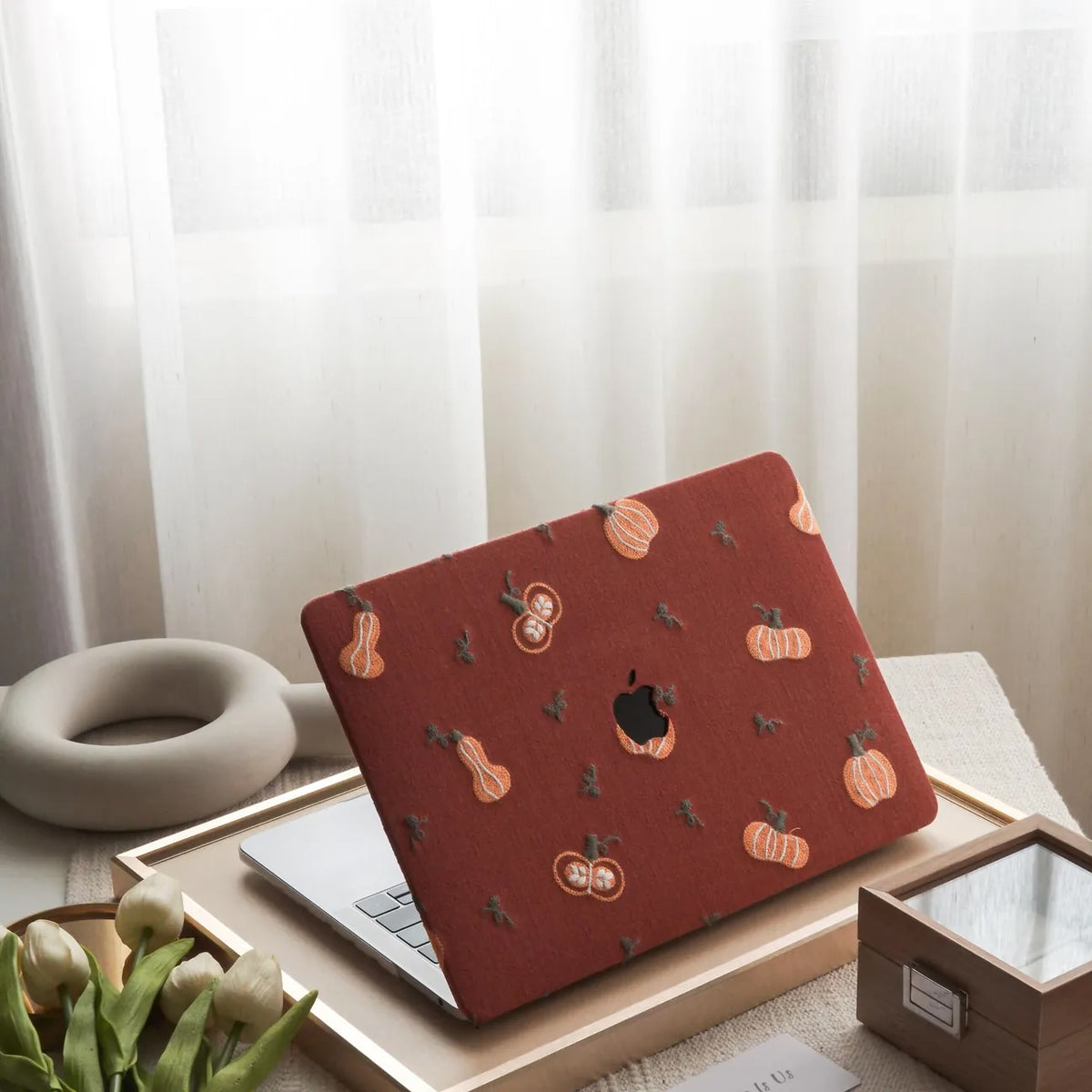 Pumpkin Embroidered Leather Macbook Case