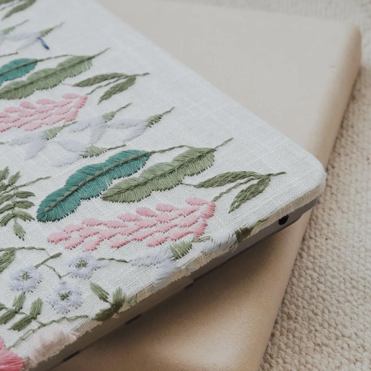 White Sage Embroidered Leather Macbook Case
