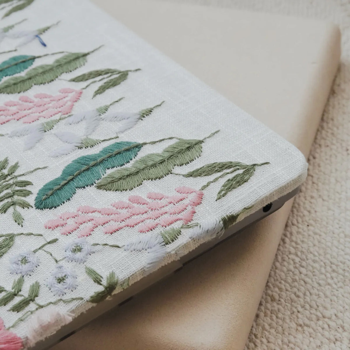 White Sage Embroidered Leather Macbook Case
