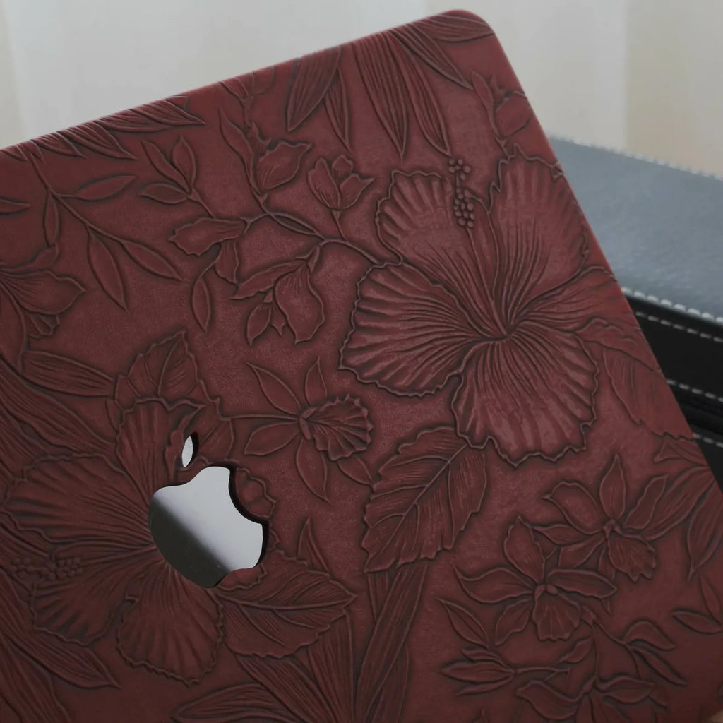 Dark Red Embossed Floral Leather Macbook Case